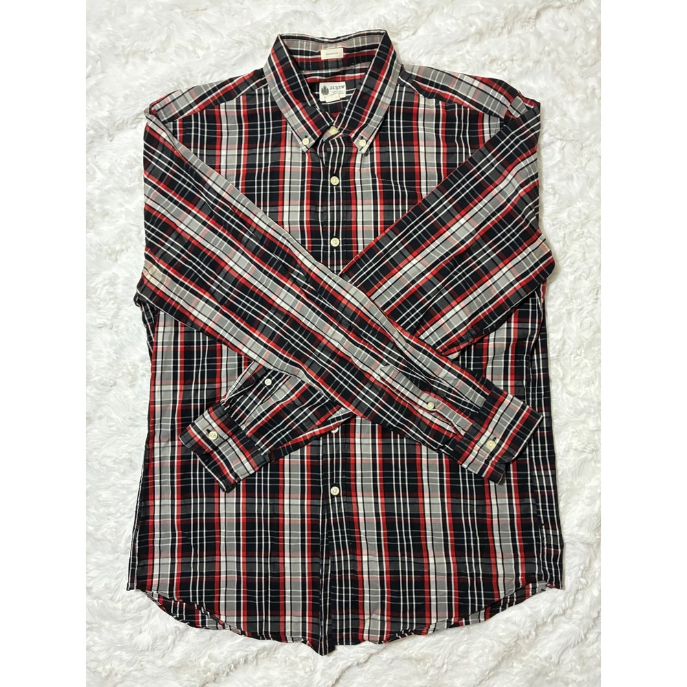 J.Crew Mens Tailored Fit Plaid‎ Button Down Shirt Red Black Grey Cotton Large